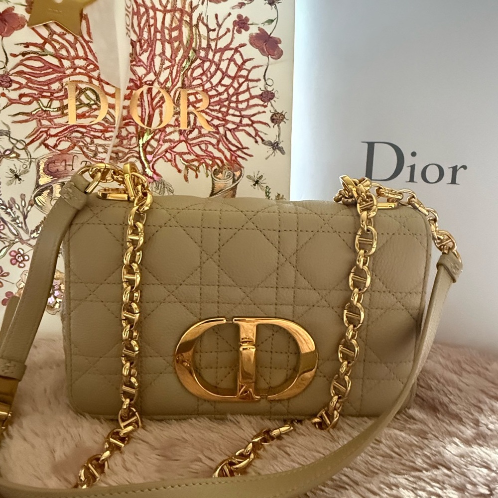 Dior Taupe Quilted Leather Crossbody Bag with Gold Chain